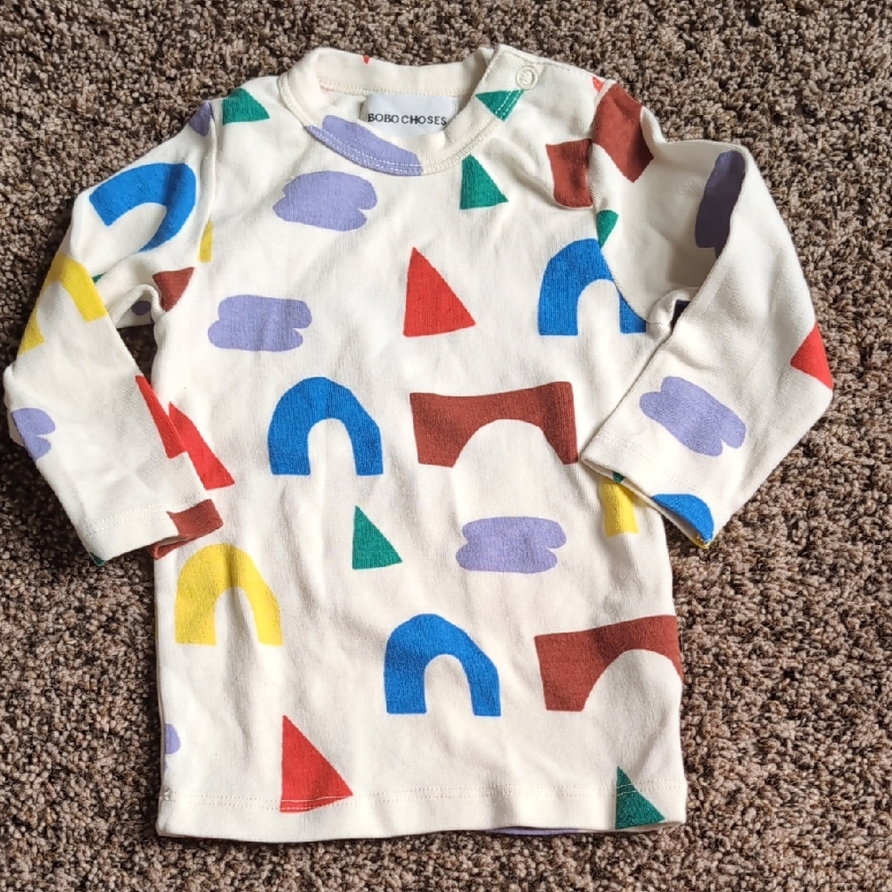 Bobo Choses Cream Long Sleeve Top with Multicolor Geometric Shapes